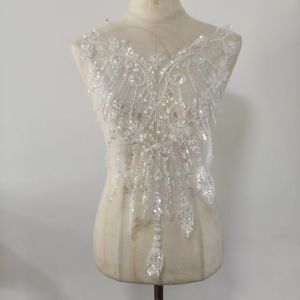 CHPERF European Style Floral Bead Embroidery Patches Silver Sequin White Beaded Sequins Lace Patch Luxury French Lace Wedding Dress Applique DIY Dress Accessories