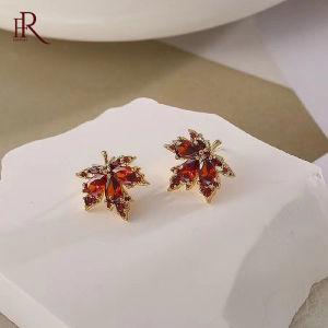 Fascati Korean New Design Fashion Gold Plated Crystal Orange Maple Leaf Simple Earring Elegant Womens Daily Work Jewelry Accessories