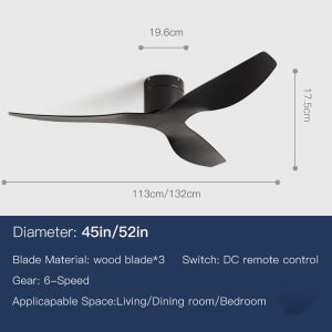 45 52 Inch Ceiling Fan 3 Blades Vintage Industrial ABS Ventilator No Light Remote Control for Home Hotel Office Coffee Shop