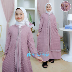 DRESS ANAK KIARA - Gamis Crinkel Premium Mix Brokat Tile Malika Kancing aktif dan Wudhu Friendly