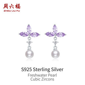 ZHOU LIU FU 周六福 S925 Sterling Silver Freshwater Pearl Earrings Drop with Purple Gemstone - Modern Chic Jewelry Gift for Women X0914443