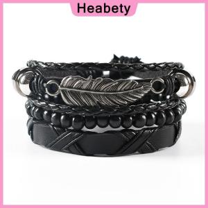 Heabety Set Braided Wrap Leather Bracelets Bangle For Men Vintage Feather Rudder Charm Wood Beads Ethnic Tribal Wristband Rope Bracelet