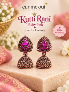 [SG] Kutti Rani Ruby Pink Jhumka Earrings | Kids Indian Ethnic Earrings | Antique Copper Look | ear me out (EMO-441)