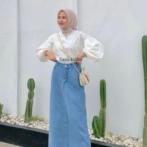 Yuki Skirt On Light by Kayla Kiddoz Rok Midi Jeans Unfinished 7/9 Model Kekinian Terbaru