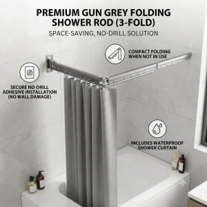 Retractable Foldable No‑Drill Shower Curtain Set Waterproof Invisible Rod for Bathroom Dry‑Wet Separation