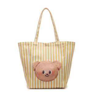 JOYPICKS คาวาอิ กระเป๋าผ้าบัตเตอร์หมี ผ้าใบแคนวาส การ์ตูนลายการ์ตูน กระเป๋าสะพายไหล่ลายหมีสีเหลือง สไตล์ไทย สีเหลืองทาเล็บ กระเป๋าถือพิมพ์ลาย สำหรับผู้หญิง