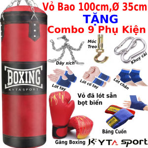 Vỏ bao cát treo đấm bốc boxing dài 100cm đường kính bao 33cm + Găng đấm boxing rồng + Băng đa boxing + lót tay chân + dây xích + khuy cài + vít nở sắt