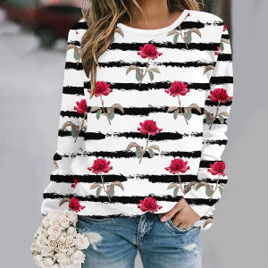 [Local Stock] ZEEMIN Autumn Striped Rose 3d Print Long Sleeve T-Shirt Womens Clothing Long Sleeve T-shirt Fashion Casual Oversized Tops Tees Female