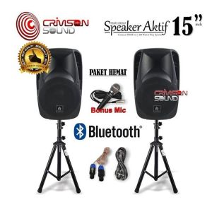 Speaker CRIMSON  Aktive + Pasif 15inch Bluetooth  Bonus 2 stand speaker  mic kabel