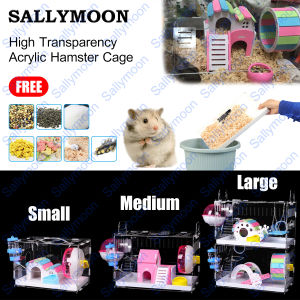 MOON Single/Double Layer Transparent Villa Acrylic Hamster Cage Portable Three Size with Feeding BowlDrinking BottleRunning Exercise Wheels Slide Toy for Pet Hamster