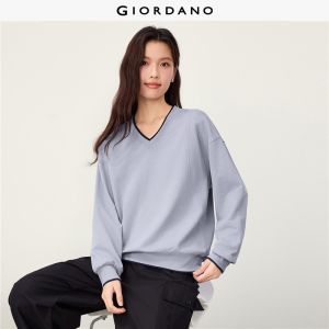 Giordano Beau Monde Women Contrast trim v-neck cotton sweatshirt Free Shipping 13326646