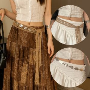 HUIHEYU Long Bohemian Style Waistband Thin Ethnic Style Silver Leaves Waist Chain Fashion Waist Rope Cotton and Linen Woven Belt Streetwear