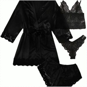 Homewear Four-piece Set Comfort Bathrobe Elegance Five-quarter Sleeve Delicate Lace Decoration Sling