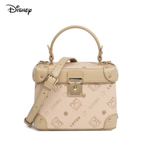 Disney กระเป๋าถือที่สดใสสีทึบชุดหมีสตรอเบอร์รี่อย่างเป็นทางการของดิสนีย์กระเป๋าทรงถังเรียบง่ายกระเป๋าสะพายไหล่ทางอารมณ์ที่ทันสมัย