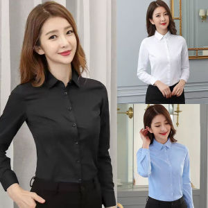 YOOXI ชุดดำออกงานศพ เสื้อโปโลสีดำส่งจากไทยเสื้อผู้หญิง เสื้อแขนยาว คอปก เสื้อเชิ้ตทำงาน ทรงเข้ารูป เนื้อผ้าเบาบาง สวมใส่สบาย สำหรับสตรี ทรงคลาสสิคสีขาว/สีดำ