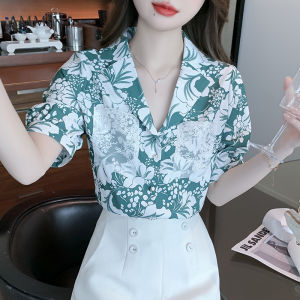 AMMIN summer new simple shirt collar fashion vintage floral print commuting career chiffon blouse womens Korean version style embroidery hook floral hollowed out lace stitching single breasted short sleeve comfortable elegant blouse