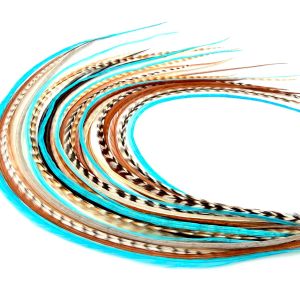 21 Natural & Turquoise Color Hair Extensions – 9”–14” Long – DIY Rooster Kit with 20 Micro-Link Beads – 100% Real Feathers – Eye-Catching Boho Style