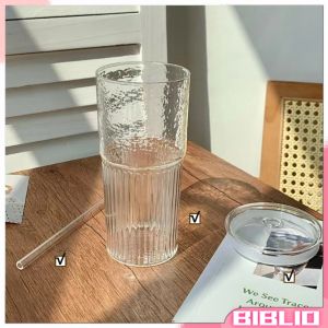 BibLio 550ml Creative Glass Water Cup with Straw and Lid Juice Milk Tea Coffee Cold Drink Mug