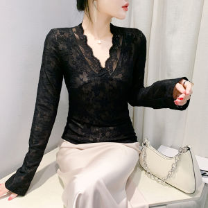 YIMEI ด้วยแขนยาวและเสื้อแขนกว้างเสื้อท่อนบนลายลูกไม้คอวีแนวเกาหลีใหม่เข้ารูปพอดีเซ็กซี่สีม่วงอินเทรนด์เสื้อเชิ้ตสีพื้นสีม่วง