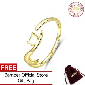 BAMOER 100% 925 Sterling Silver Sticky Cat with Long Tail Finger Ring Women Ring Adjustable Engagement Ring Jewelry SCR220