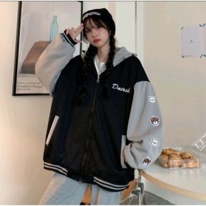 JAKET VARSITY HOODIE OVERSIZE - JACKET BASEBALL BERTUDUNG - BAHAN FLECE TEBAL - DAIRSK BEAR ZIPPER