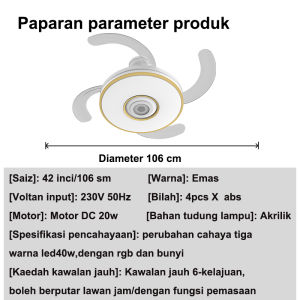[Waranti 5 tahun] Lampu kipas halimunan kipas sejuk lampu kipas siling rest42 inch invisible ceiling fan gold ceiling fan light silent DC motor 6 speed remote control reversible/with timing function led40w three color light change with rgb and sound