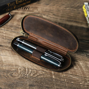 Hiram Vintage Genuine Crazy Horse Leather 2 Slots Pen Case Pouch Holder Portage Small Pencil Bag for Rollerball Fountain Ballpoint Pen