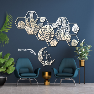 Dekorasi Dinding Kayu Monstera Fern Hexagonal 1.4m Hiasan Ruang Tamu