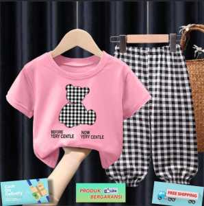 SALE Godwin Collection - Setelan Beatrisa Kids One Set Kaos + Celana Kotak-kotak Lucu Fashion Anak Terbaru Setelan Anak Perempuan Kekinian