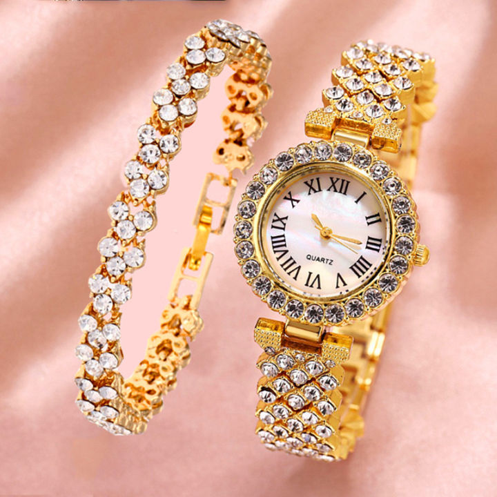 【With Bracelet】Luckylina Fashion Women's Watches High-end Simple Stainless  Steel Strap Alloy Case Quartz Waterproof Ladies Watch Luxury Rhinestone
