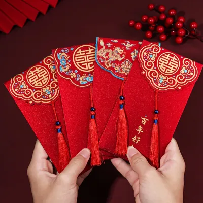 Combo 6 Bao Lì Xì Đỏ Đám Cưới Lì Xì Nạp Tài Bưng Tráp Song Hỷ Mang Lại May Mắn Tết Chất Liệu Nhung Cao Cấp Có Tua Rua