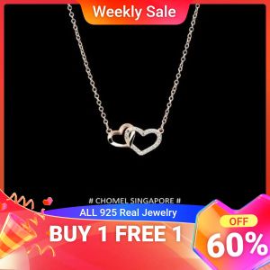 S925 Double Love Heart Crystal Clavicle Sterling Silver 925 Pendant Chain Necklace Women Jewelry Valentine Birthday Anniversary Gift
