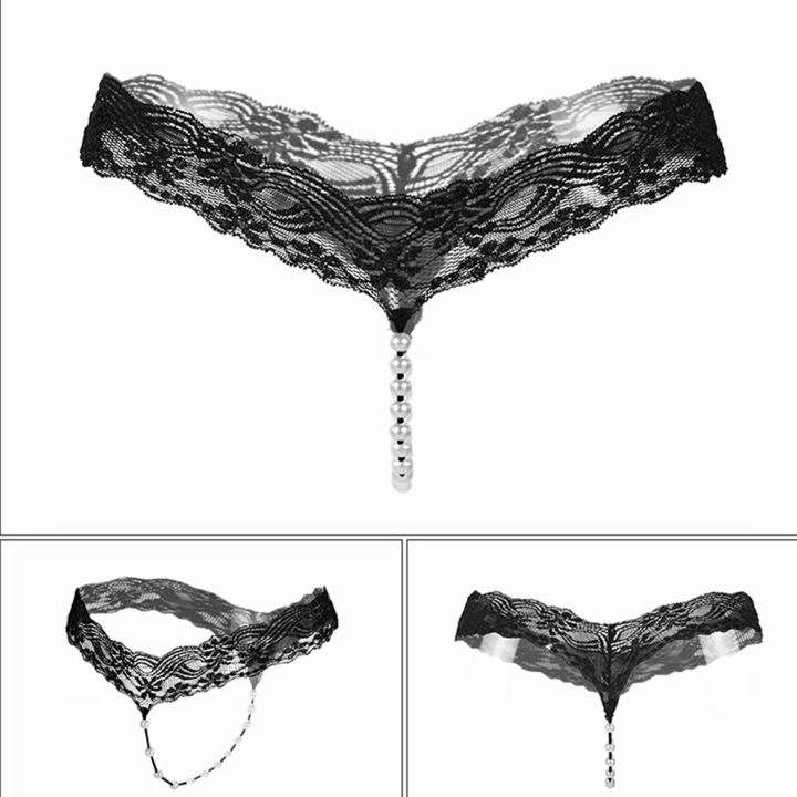 Sexy Women Crotchles Pearl G-String Lace Panties Lingerie