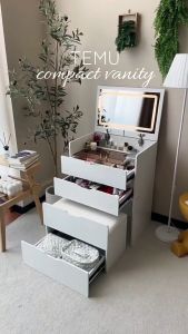 [Free Installation] Multi-functional Flip-top Mini Vanity Table with Storage Cream-colored for Simple Bedroom Style