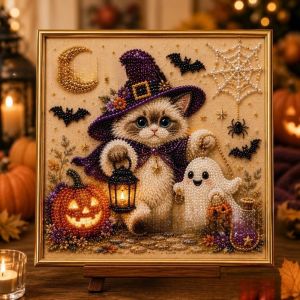K10SEQ Hạt ngọc trai Bộ dụng cụ vẽ tranh hạt ngọc trai hình mèo Halloween Cương Điểm Tự làm Bộ dụng cụ làm đồ thủ công bằng ngọc trai Có khung Nghệ Thuật Trang Trí Bằng Cương Trang chủ