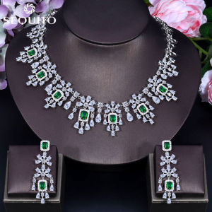 SEQUITO Luxury AAA+ CZ Waterdrop Long Tassel Choker Necklace Earrings Pave Setting 18K White Gold Plated Prom Party Women Statement Fashion Jewelry Set SJ053