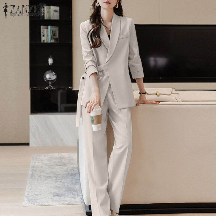 Zanzea Korean Style Womens Office Ladies Sets Long Sleeve Blazer Elastic Waist Straight Pants 4997