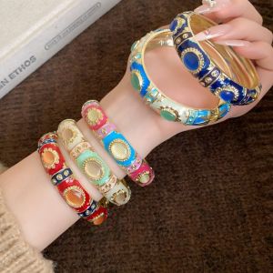 SEEMAY Cats Eye Stone Vintage Cloisonne Bangle Enamel Floral Traditional Womens Hand Bracelet Handicraft Vintage Chinese Flower Bangle Gifts for Women Girl