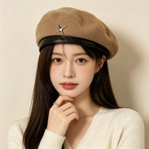MARBLEX Solid Color Woolen Beret Hat Y2K Star Decorative Leather Edge Painter Hat Vintage Retro Artist Hat Autumn Winter