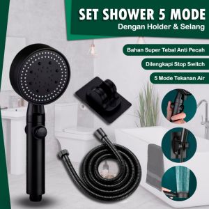 TITIK TIGA -  Set Shower Hitam 5 Mode Lengkap – Set Shower Pancuran Portable  Kamar Mandi Shower Hitam 5 Mode Shower Paket Holder Selang Shower