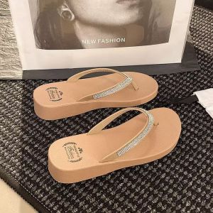 [Free Shipping] Fashionable Rhinestone Flip-Flops For Women Suitable For Outdoor Wear In Summer With Thick Soles And Wedge Heels Perfect For Pairing With Dresses And As Beach Sandals