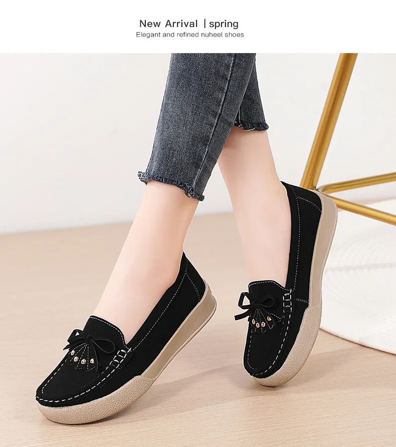 VIWANA Flat Shoes For Women Korean Style Genuine Leather Casual Boat Shoes  Plus Size 35 to 41 Comfort Black Slip On Shoes Soft Sole Loafers Ladies