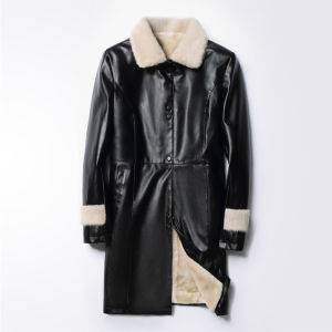 Womens MediumLength Leather Jacket with Fur Collar