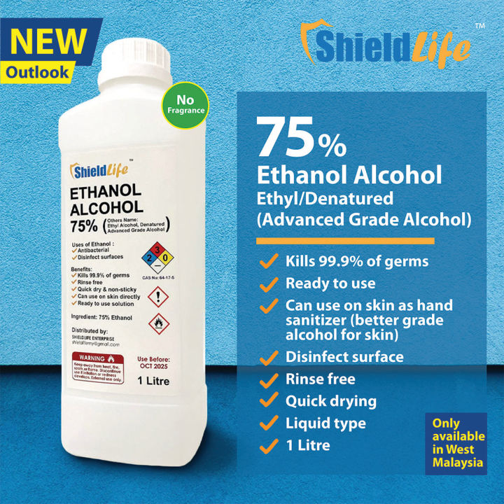 Ethanol Alcohol 75% - 1 Litre (Denatured) /Medical Grade/ Ethyl Alcohol ( Ready stock )