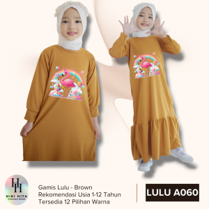 Hirihita Lulu A060 Baju Gamis Lulu Anak Perempuan Sablon Rainbow Flamingo 12 Warna 1-12 Tahun