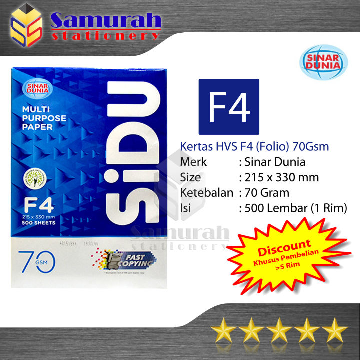 Kertas Hvs Sinar Dunia Folio F4 75 Gsm Hvs Sidu F4 75 Gram Kertas