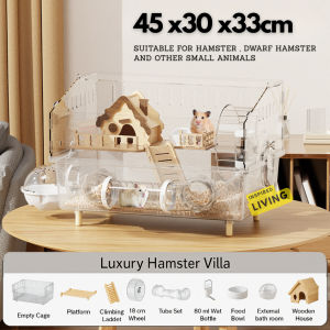 Luxury Hamster Cage | Transparent Hamster Villa | Complete Set with Accessories | 45×30×33cm with Tunnel & Wooden House