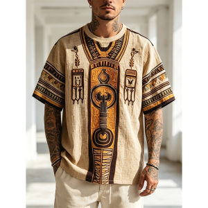 [Local Stock] HBESTY  Mens Egyptian Graphic Print T Shirt Short Sleeve Casual Summer Streetwear Fashion Top Ancient Symbol Pattern Design Clothing