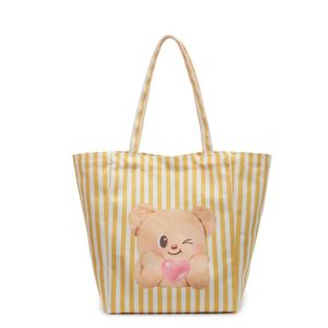 XINGG39 Dễ thương Túi tote hình gấu trúc bướm Hoạt hình Vải bố Túi xách kẻ sọc in họa tiết Đơn giản Sức chứa lớn Túi đeo vai Gấu Vàng Phụ nữ