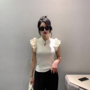 Ammin 2024 mùa hè cổ điển nút xuống cổ áo cắt tay ngắn áo đan nữ mới tay áo bong bóng Trung Quốc Áo Blouse thanh lịch giản dị